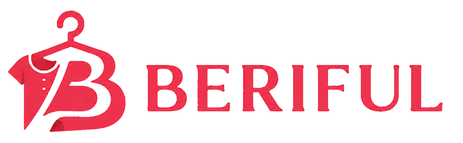 BERIFUL clothing store logo featuring a modern red fashion-inspired letter B with a hanger icon on a white background.